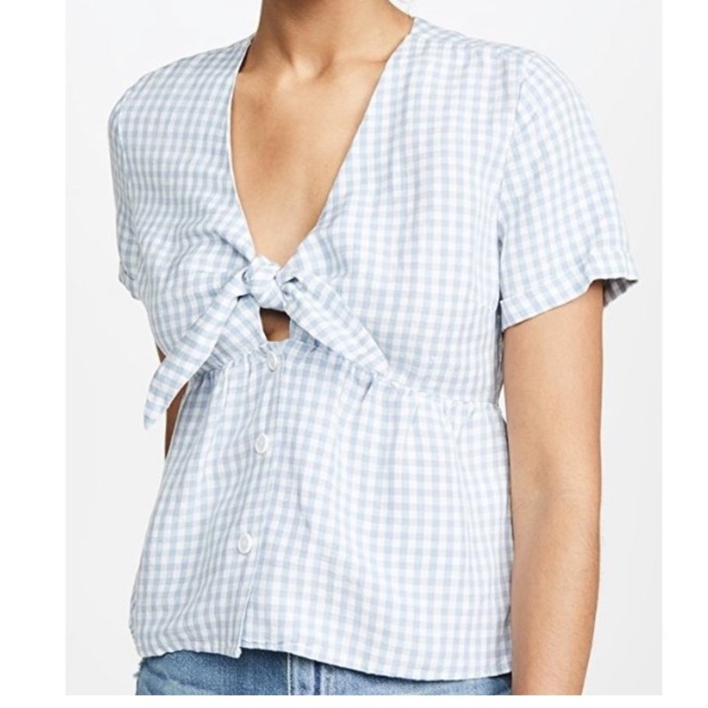 Rails Tie Front Keyhole Blouse White Blue Gingham short sleeve 3 button sz M